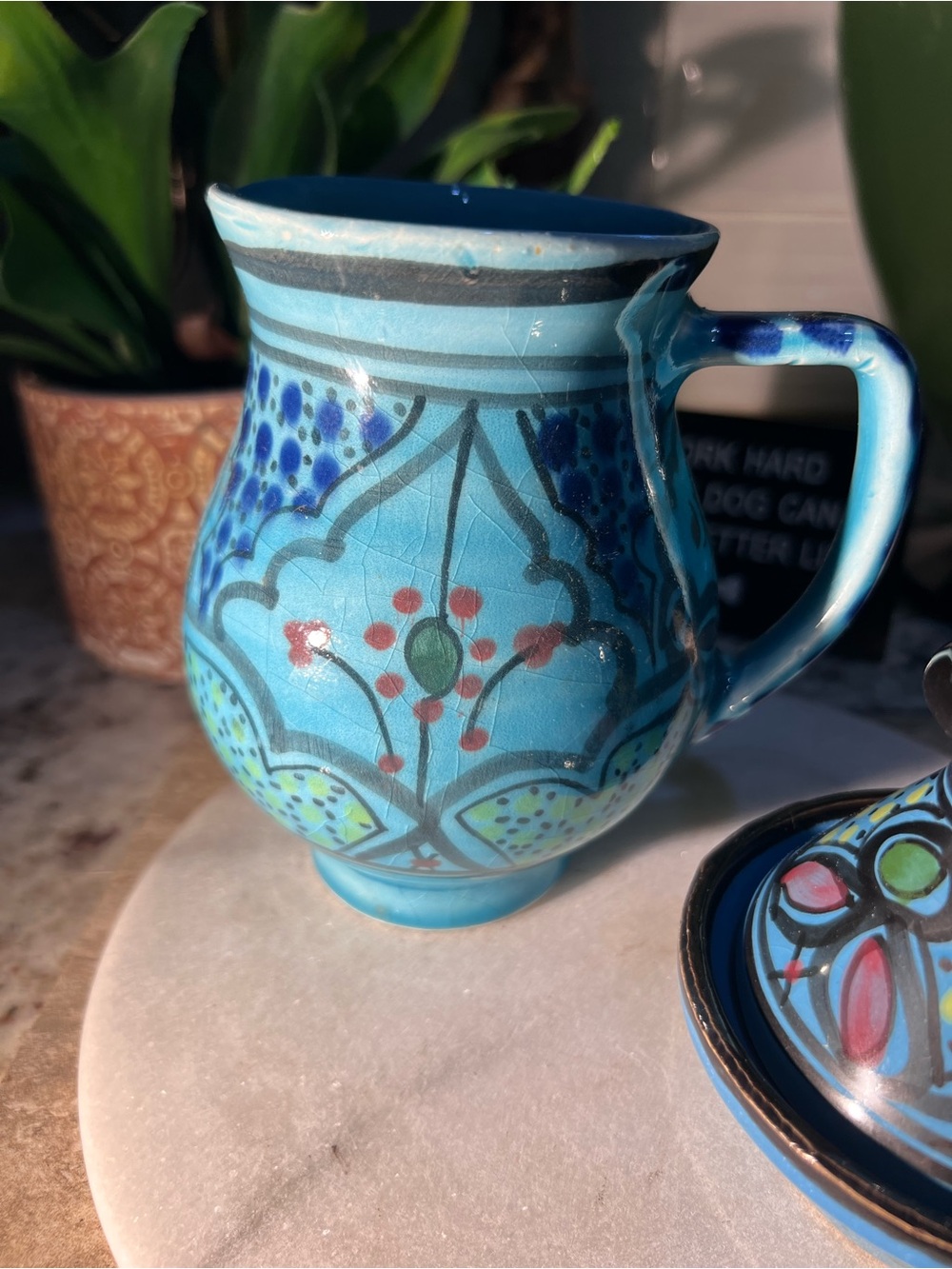 Hand-Painted Blue Ceramic Small Pitcher w/ Matching lidded sauce dish